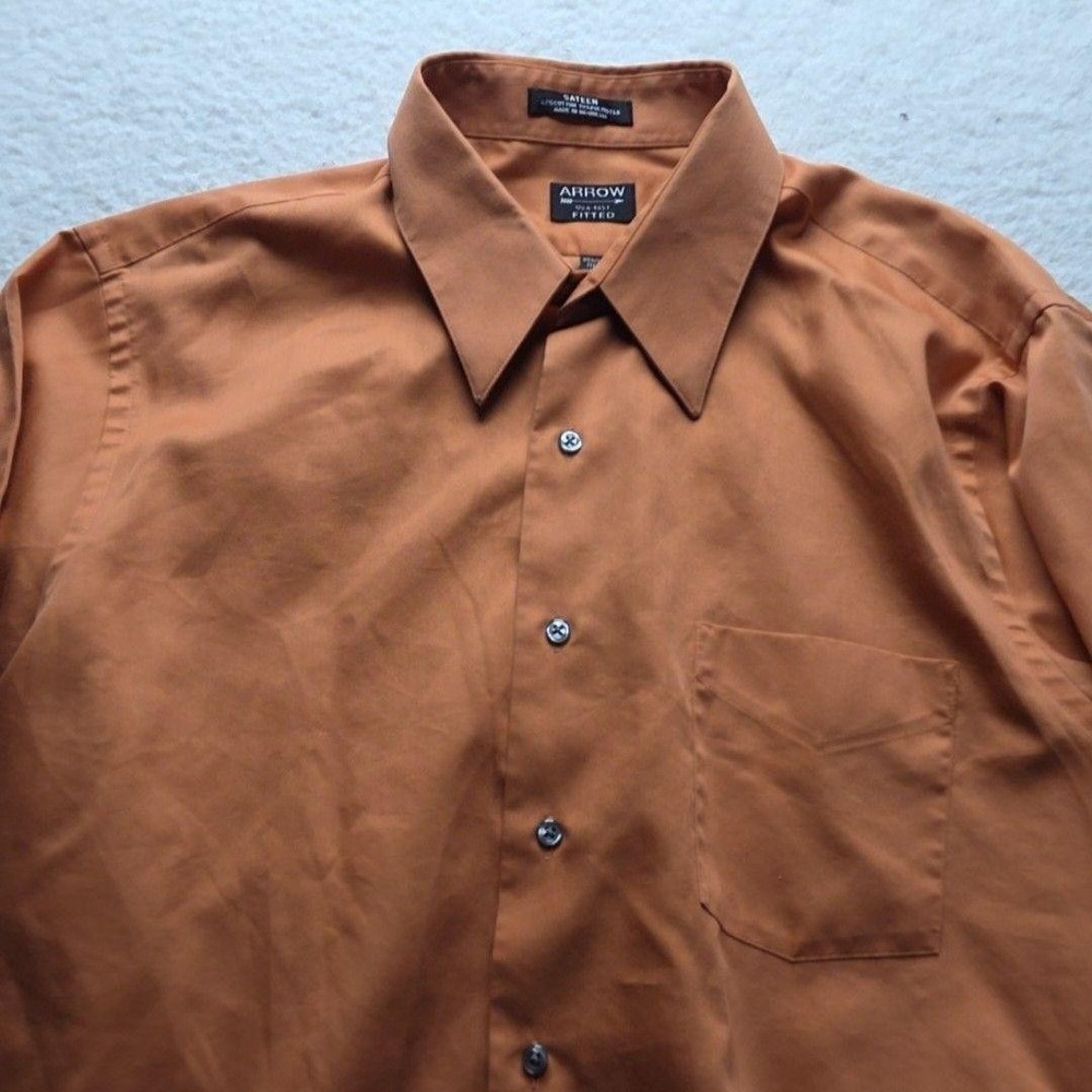 Arrow Fitted Dress Shirt Mens XL 17 34/35 Burnt Orange Sateen Wrinkle Free Long